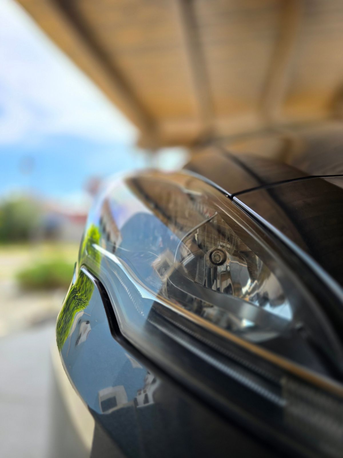 A restored headlight, clear and glossy with reflections of the trees
